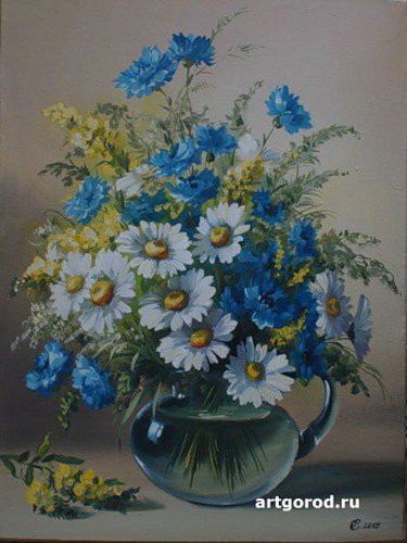 ромашки с васельками - картина натюрморт ваза цветы ромашки васельки - оригинал