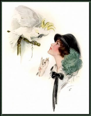 ДАМА С ПОПУГАЕМ - неизвестная, незнакомая, попугай белый, какаду, женщина, в шляпе - оригинал