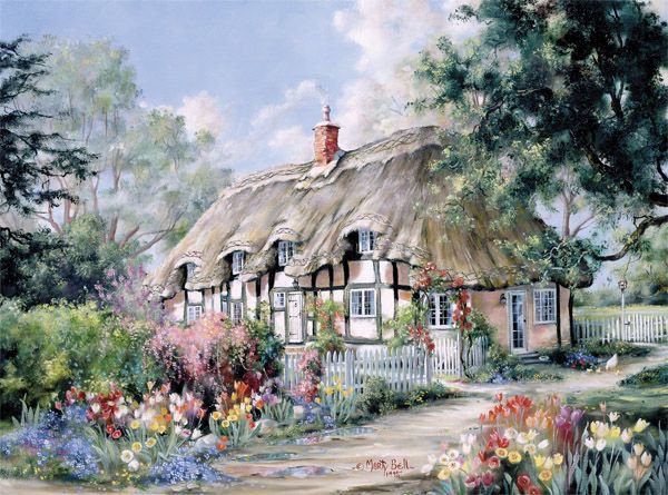 Серия "Пейзажи" - лето, пейзаж, дорога, домик, цветы - оригинал