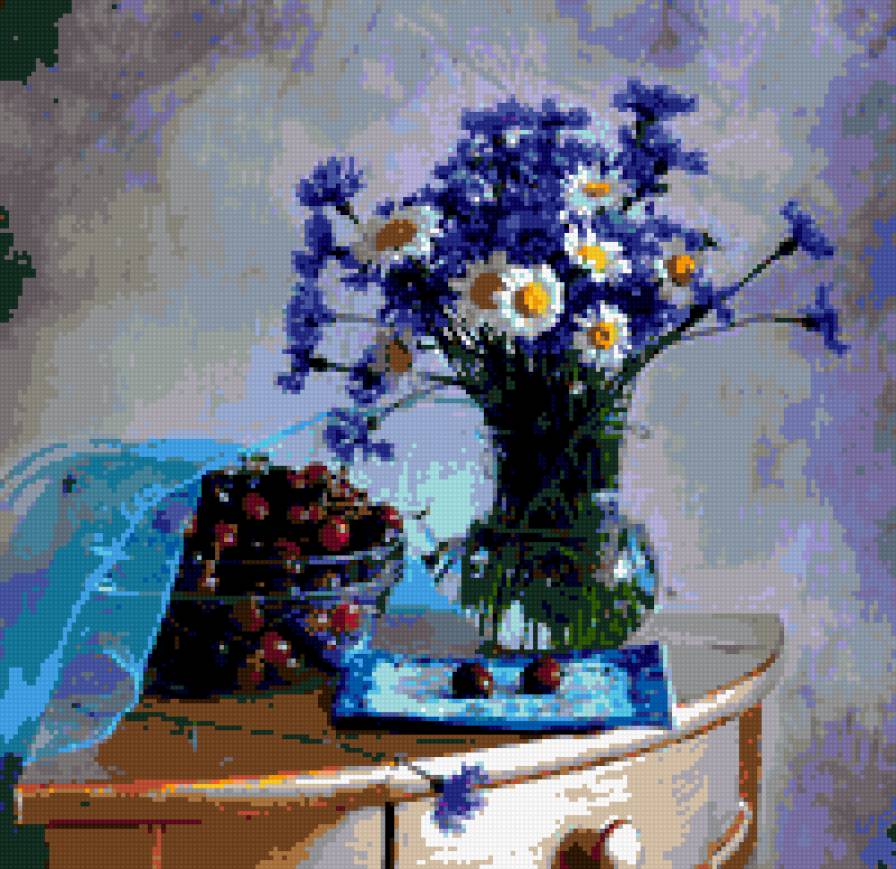 васельки - картина натюрморт васельки ромашки вишни ваза - предпросмотр