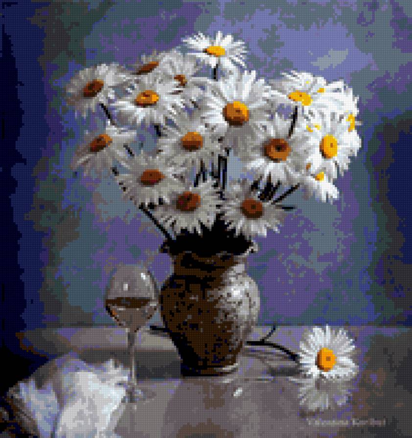 букет ромашек - картина натюрморт ваза ромашки бокал - предпросмотр
