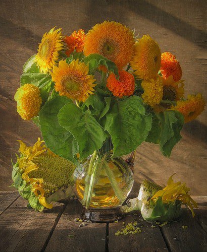 декоративный подсолнух - картина натюрморт подсолнух ваза цветы - оригинал
