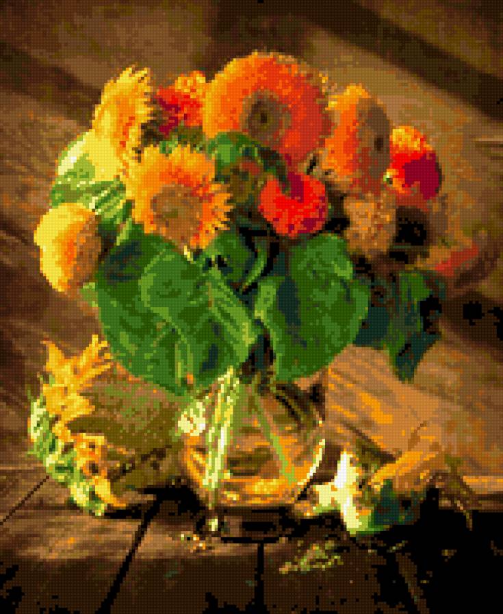 декоративный подсолнух - картина натюрморт подсолнух ваза цветы - предпросмотр