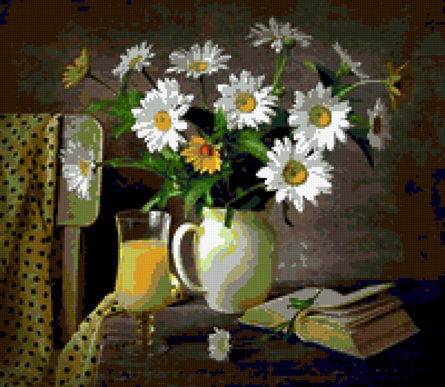 букет ромашек - картина натюрморт цветы ваза ромашки бокал книга - предпросмотр