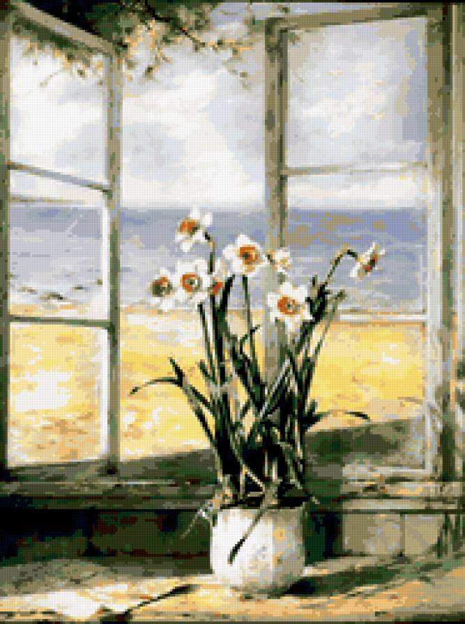 Окно - цветы, окно, море - предпросмотр