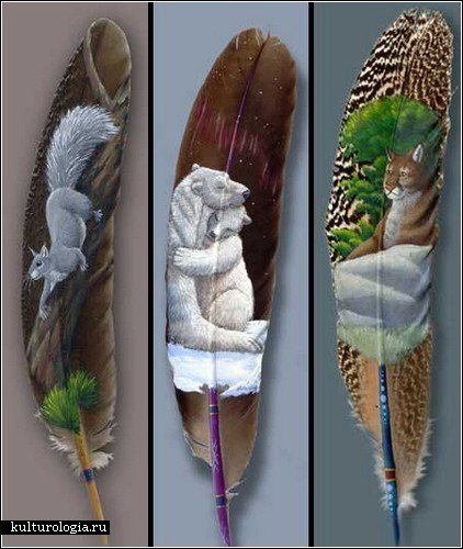 ТРИПТИХ " РОСПИСЬ ПЕРЬЕВ" - белка, роспись перьев, белый медведь, животные, пума - оригинал