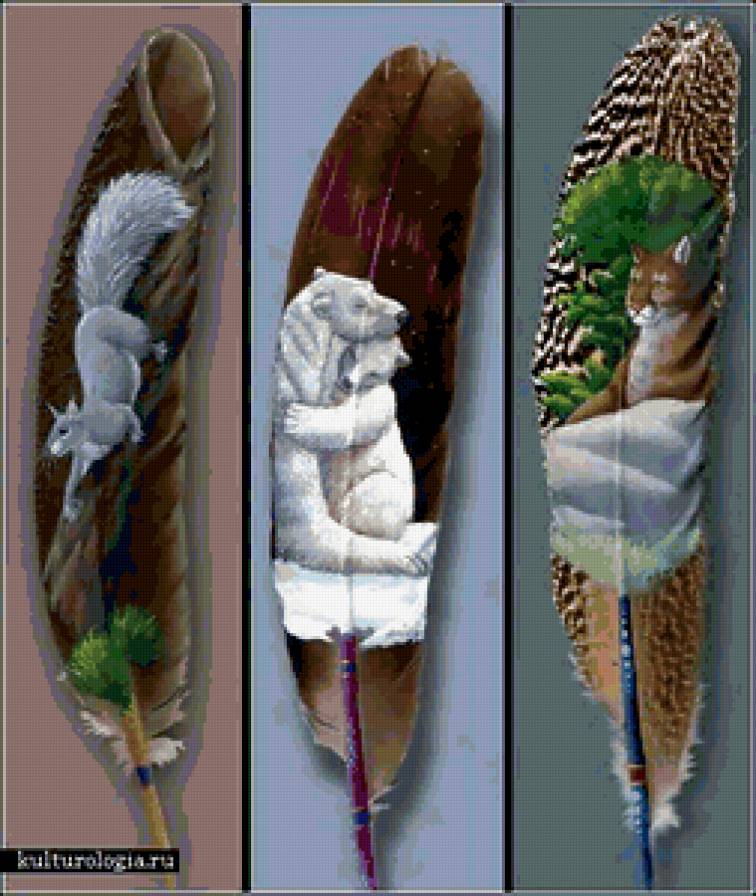 ТРИПТИХ " РОСПИСЬ ПЕРЬЕВ" - роспись перьев, животные, белка, белый медведь, пума - предпросмотр