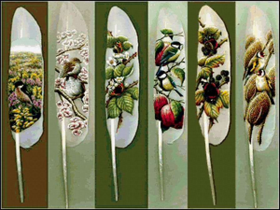 ПОЛИПТИХ " РОСПИСЬ ПЕРЬЕВ" - роспись перьев, триптих, весна, времена года, птички, диптих - предпросмотр