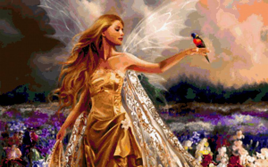 Фея природы - цветы, фея, птица, поле - предпросмотр