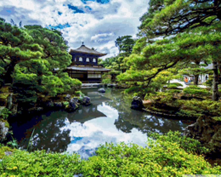 Японский домик в лесу - домик, озеро, деревья, парк, лес - предпросмотр