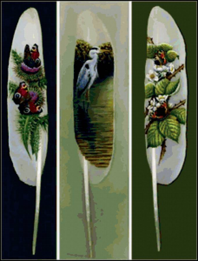 ТРИПТИХ " РОСПИСЬ ПЕРЬЕВ" - роспись перьев, , времена года, животные, весна, птицы - предпросмотр