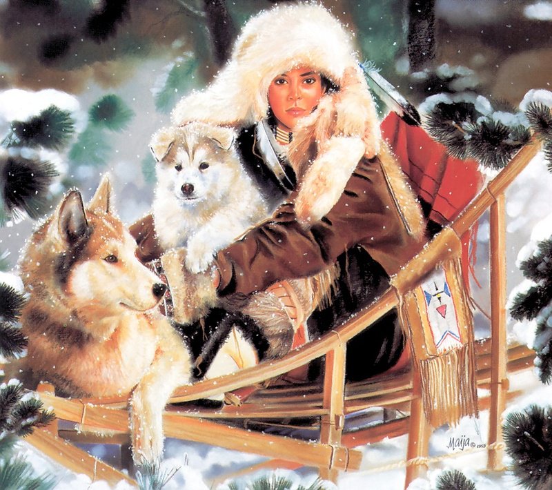 девушка - собаки, образ, зима, индейка, индейцы, женщина, сани, собака, животные - оригинал