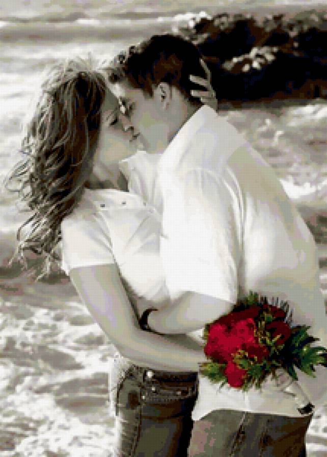 Нежность поцелуя - влюбленные, пара, поцелуй, букет, любовь, розы - предпросмотр