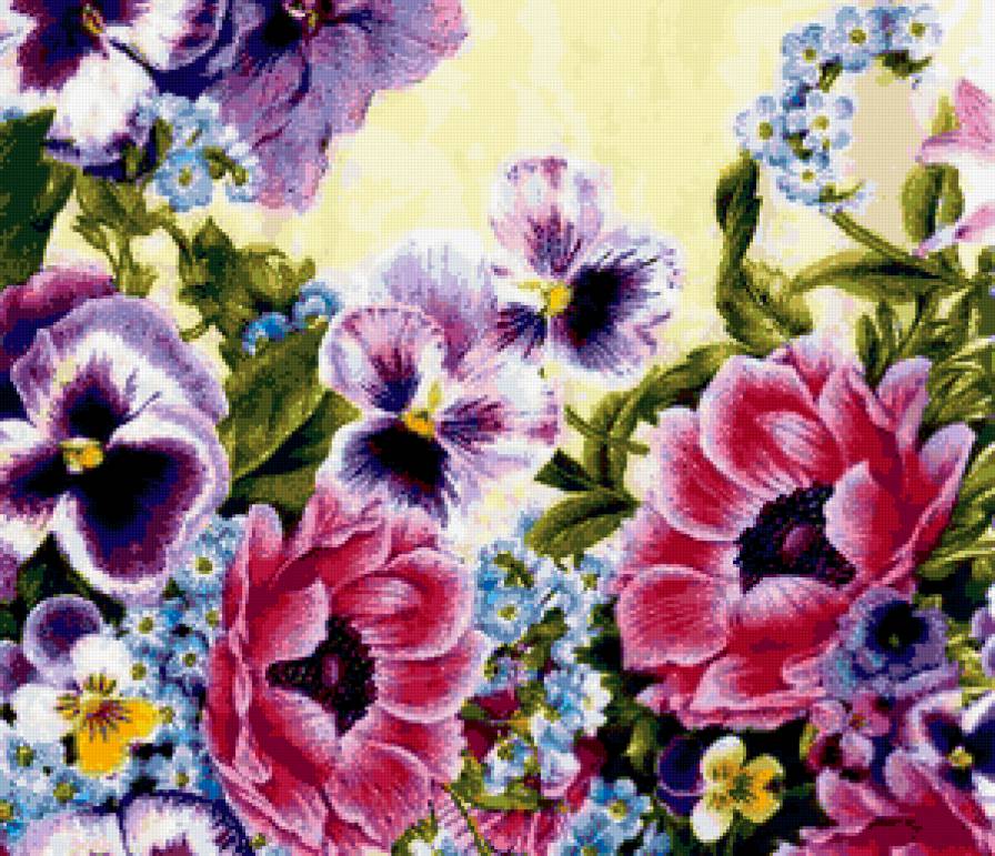 Цветочное панно - анемоны, флора, панно, цветы, незабудки, подушка, анютины глазки - предпросмотр