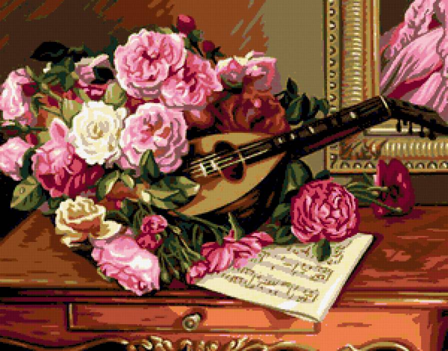 №261913 - натюрморт, картина, ноты, цветы - предпросмотр