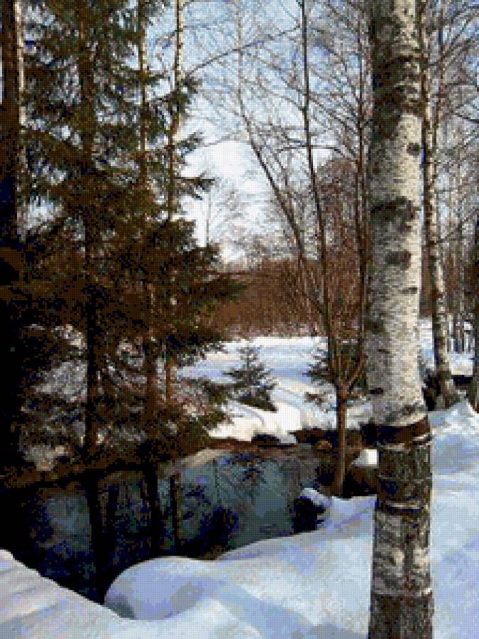 Берёзы у Ручья - листья, река, деревя, пейзаж, ручей, березы, снег, ель - предпросмотр