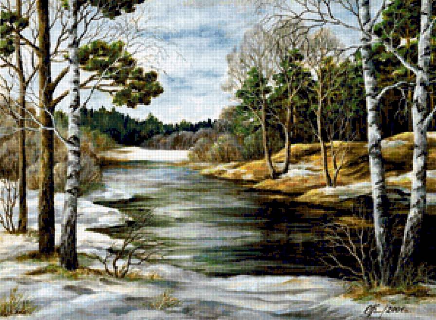 Берёзы у Реки - пейзаж, зима, листья, речка, березы - предпросмотр