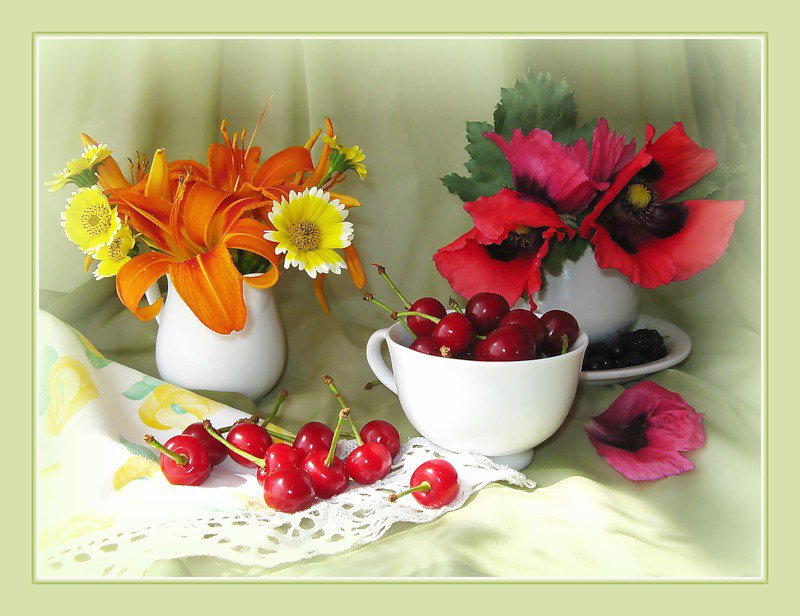 натюрморт - картина натюрморт ваза маки лилии вишни - оригинал