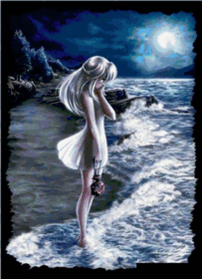 Лунная ночь - луна, море, люди - предпросмотр