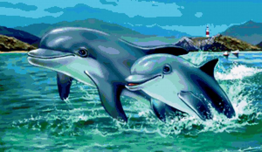 Вместе на века - небо, море, дельфины, любовь, волны, картина, дружба - предпросмотр