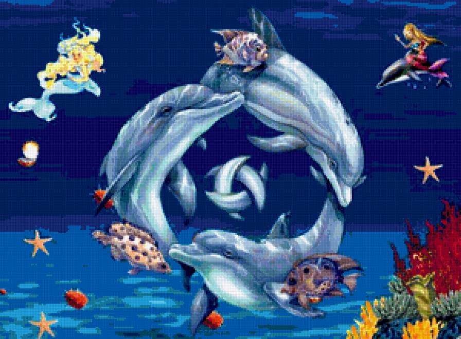 Трио - волны, море, русалки, красота, дельфины, подводный мир - предпросмотр