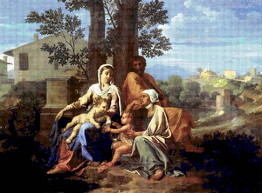 Картина - пейзаж, деревя, семейство, дети, картина, небо - предпросмотр