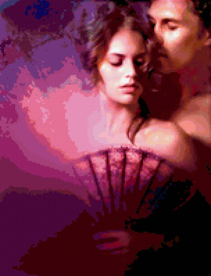 В сереневом тумане - веер, поцелуй, пара, парень, девушка - предпросмотр