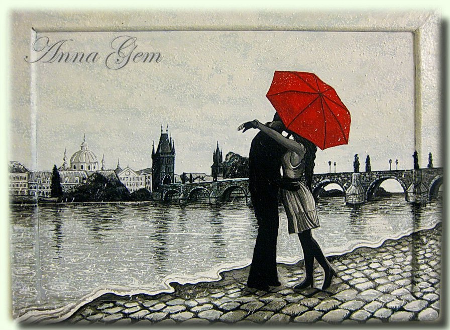 Поцелуй под дождем - пара, мост, зонт, река - оригинал