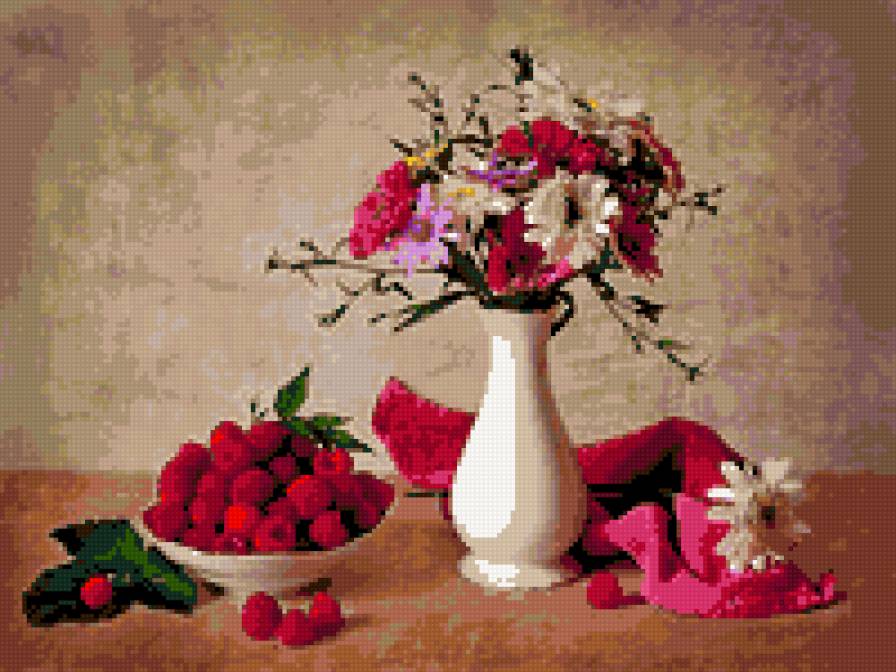 натюрморт - натюрморт картина ваза цветы малина ягоды - предпросмотр