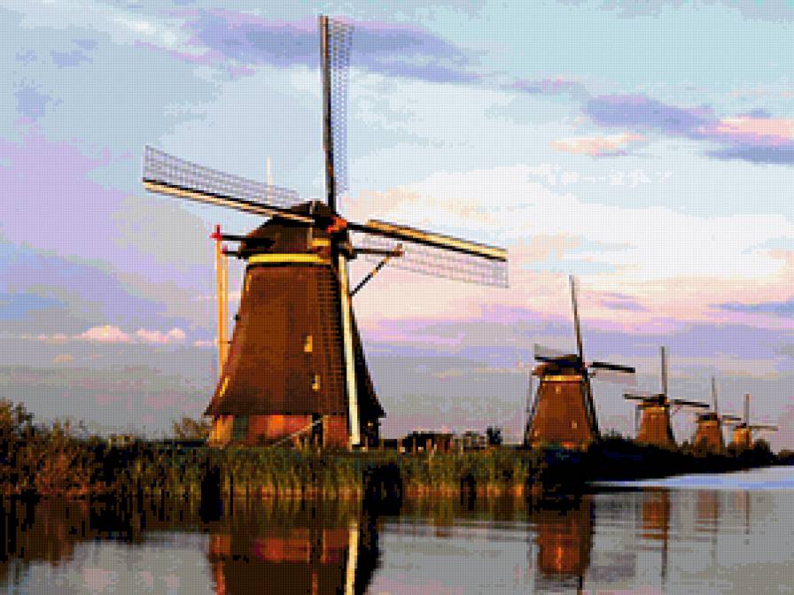 Мельницы у реки - мельница, домик, поле, река, вода, трава - предпросмотр