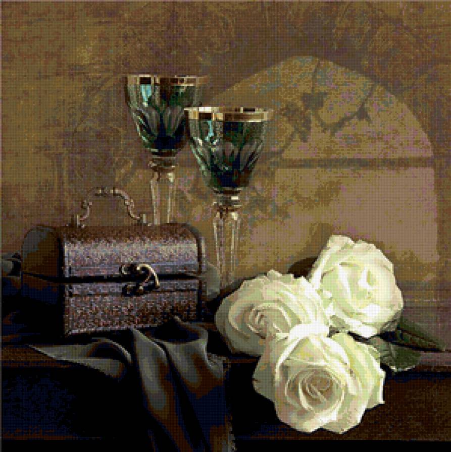 натюрморт - натюрморт, бокалы, розы, шкатулка, букет - предпросмотр