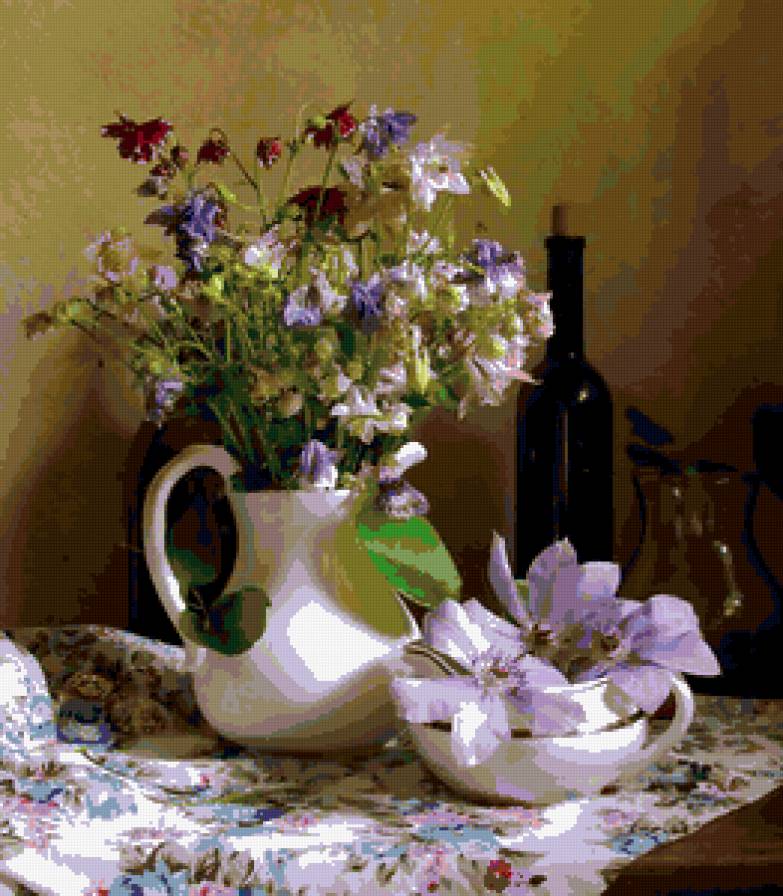 летний натюрморт - аквилегия, водосбор, натюрморт, лето, букет, цветы, клематис - предпросмотр
