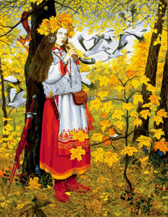 девушка - женщина, словяне, природа, лес, русь, журавли, осень - предпросмотр