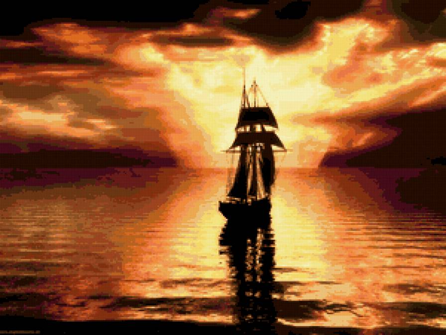 закат и корабль - корабль, закат, море - предпросмотр