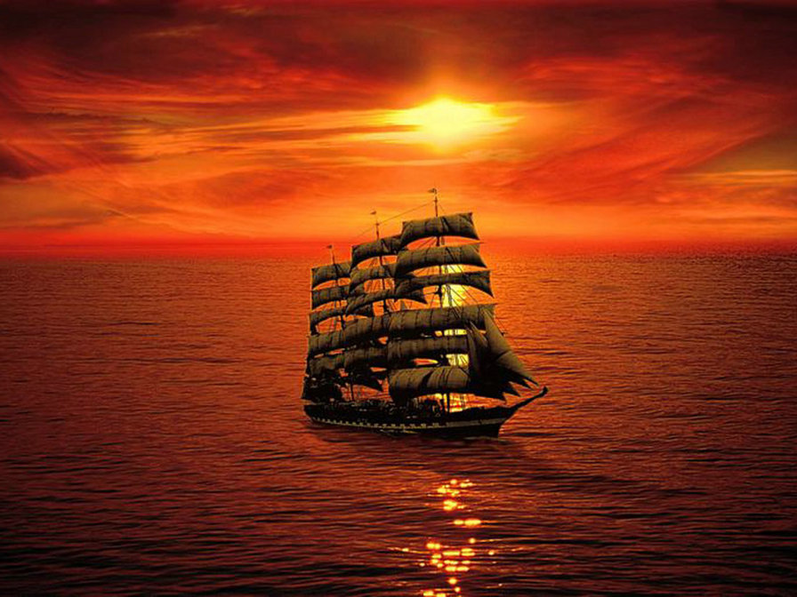 Корабль на закате - корабль, закат, море - оригинал