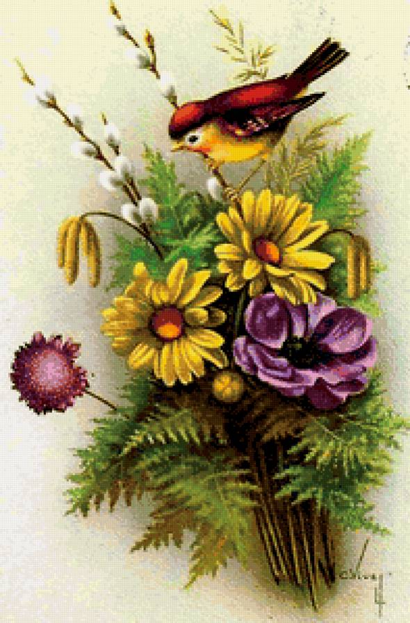 птица в цветах - предпросмотр