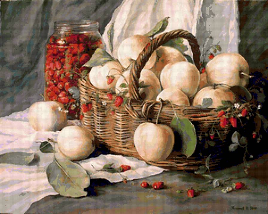 Натюрморт с белым наливом - натюрморт, ягоды, яблоки - предпросмотр