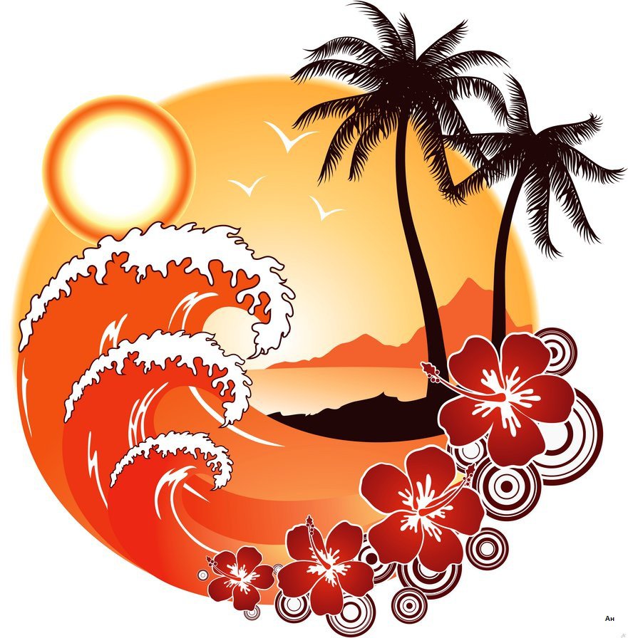 Подушка "ОРАНЖЕВЫЙ ЗАКАТ" - закат, экзотика, на подушку, пальма, картина, волны - оригинал