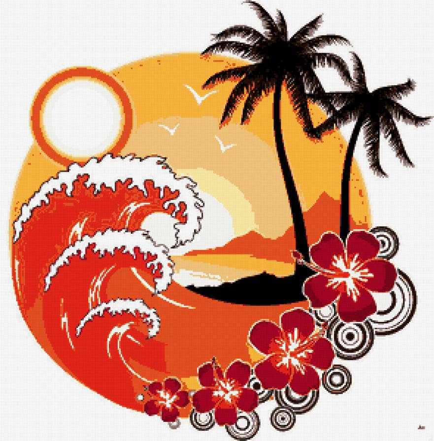 Подушка "ОРАНЖЕВЫЙ ЗАКАТ" - картина, пальма, на подушку, закат, волны, экзотика - предпросмотр