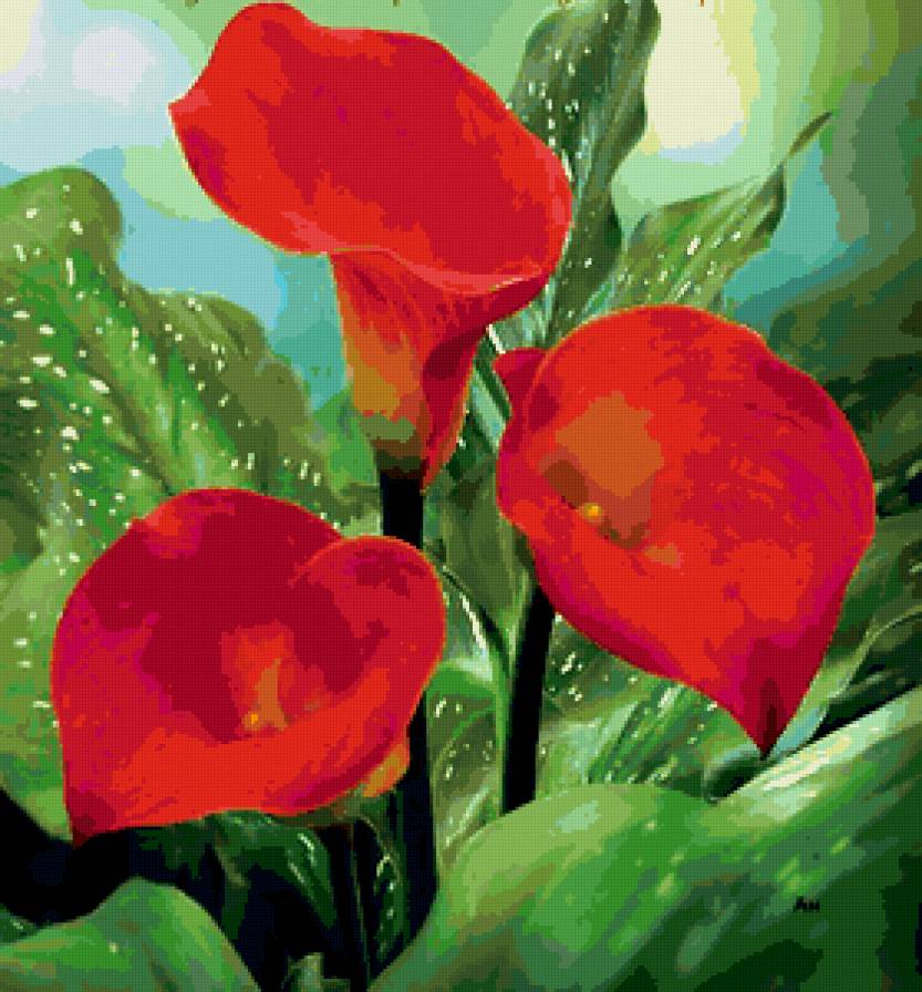 Подушка "КРАСНЫЙ АНТУРИУМ" - калла, на подушку, весенние цветы, цветы, картина, букет - предпросмотр