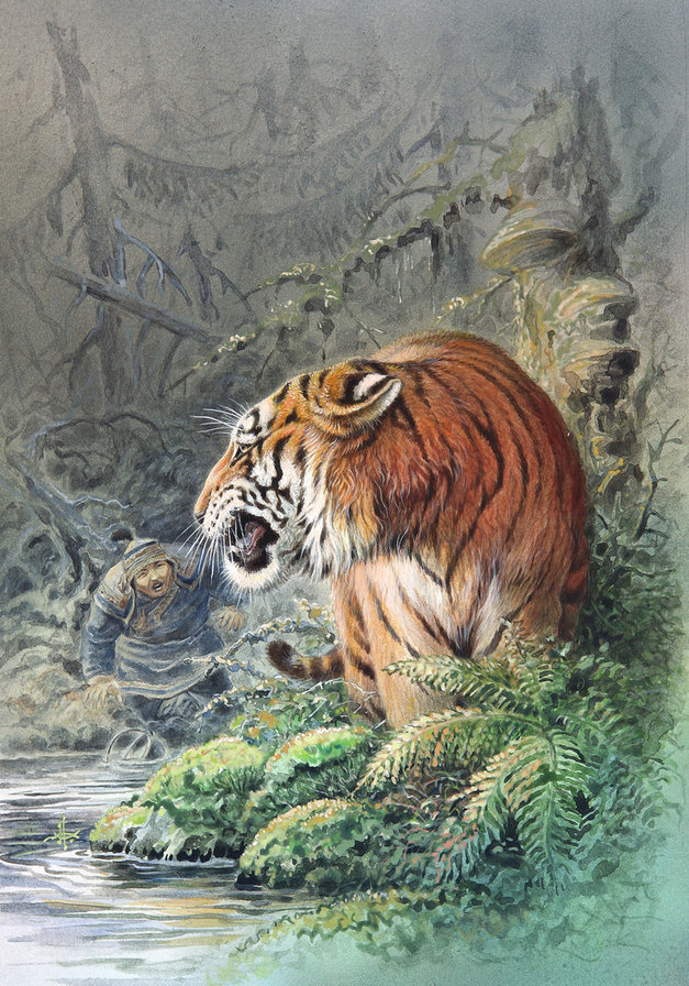 Охота - животные, река, люди, тигры, пейзаж - оригинал
