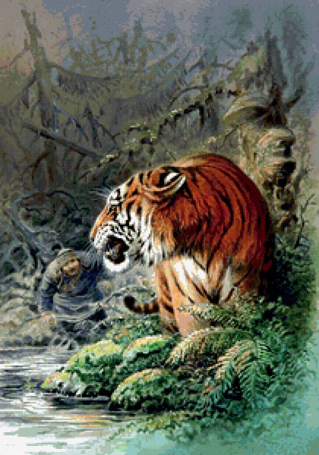 Охота - животные, пейзаж, река, тигры, люди - предпросмотр