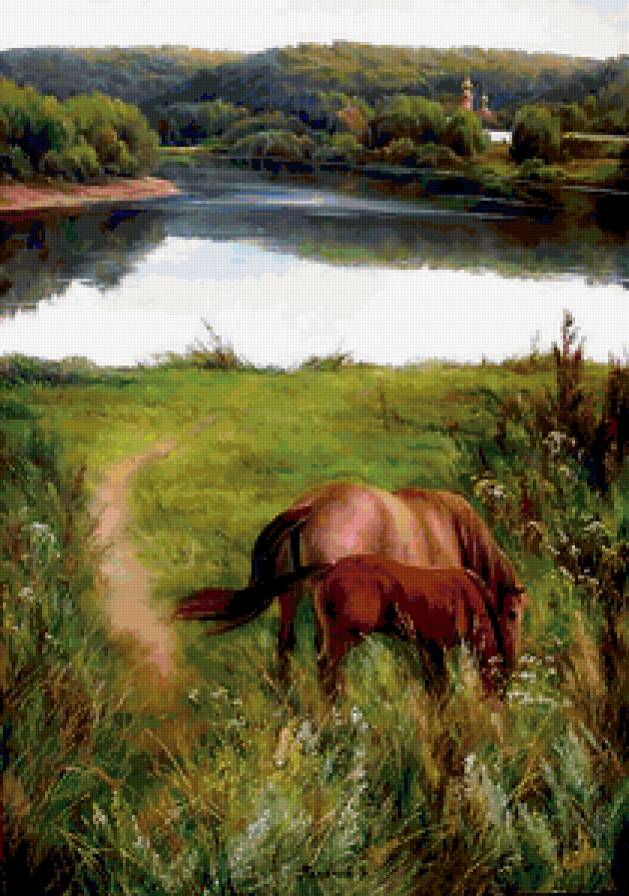 Родные просторы - пейзаж, лошади, озеро, лето, кони, животные - предпросмотр