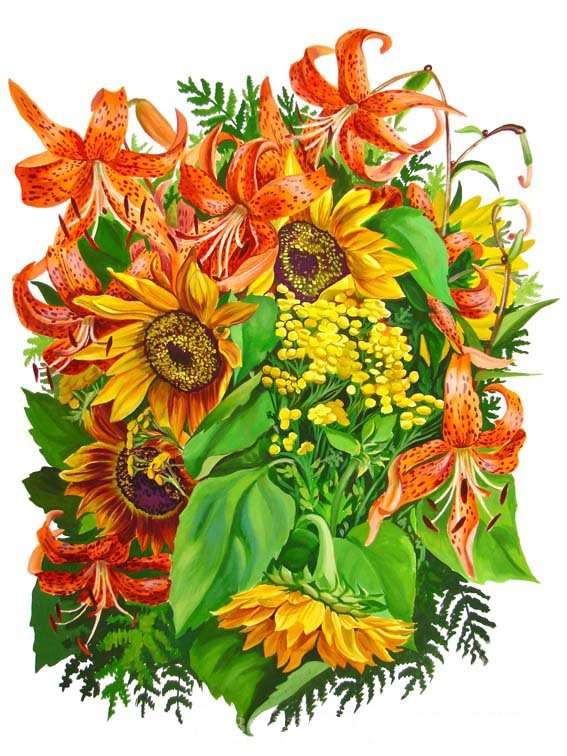 Серия "Букет" - лилии, пижма, цветы, букет, подсолнухи - оригинал
