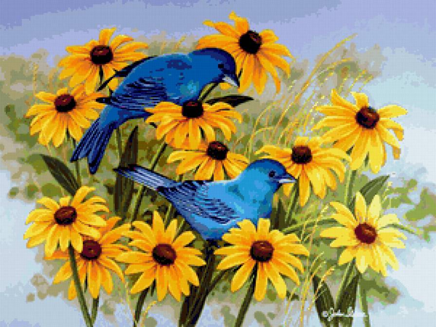 Серия "Птицы" - цветы, птицы, рудбекия - предпросмотр