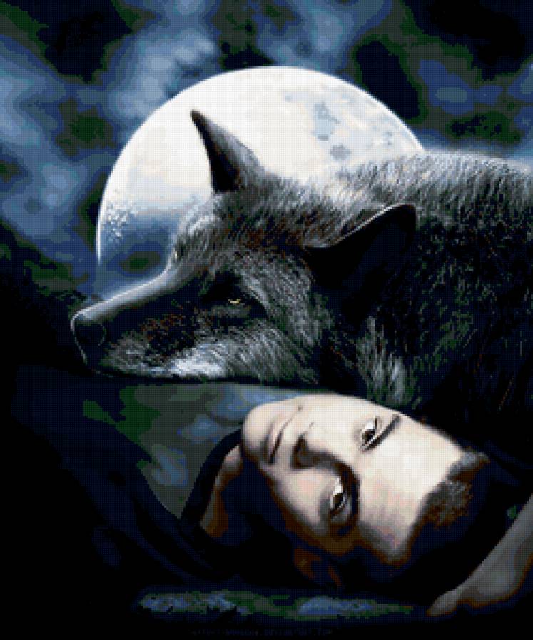 мужчина и волк - ночь, волки, он, луна, животные, парень - предпросмотр