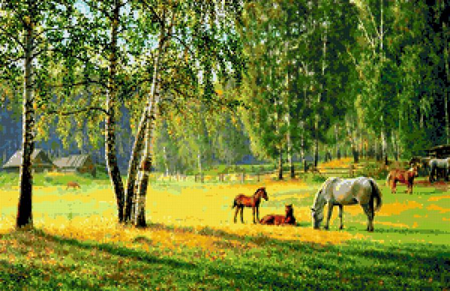 Прогулки лошадей - лошади, домик, кони, животные, пейзаж - предпросмотр