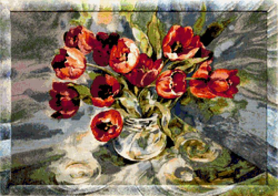 Тюльпаны - живопись, цветы, тюльпаны, натюрморт, гобелен - предпросмотр