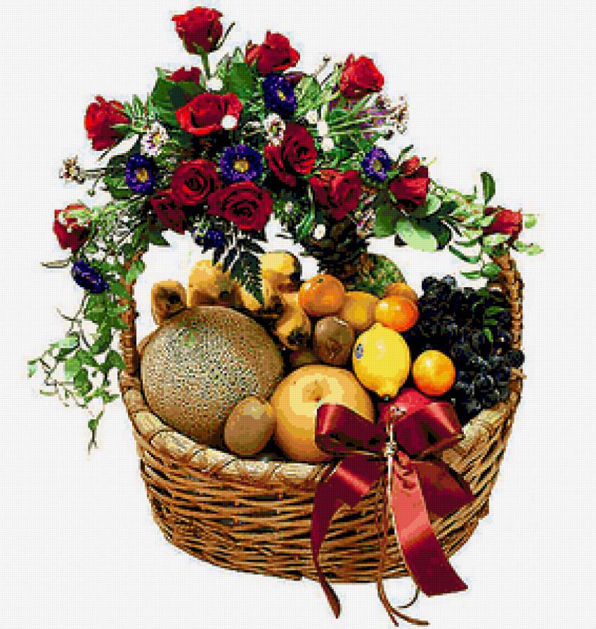 Корзина с фруктами - натюрморт, корзина, цветы, картина, фрукты - предпросмотр