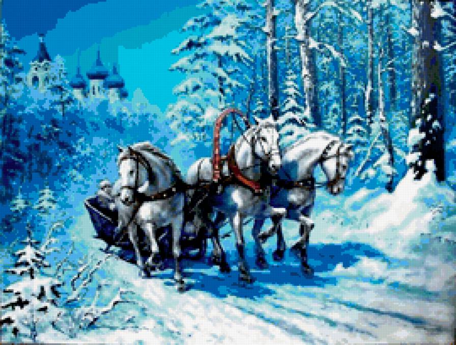 тройка - природа, фауна, картина, птицы.зима.лошади, животные - предпросмотр